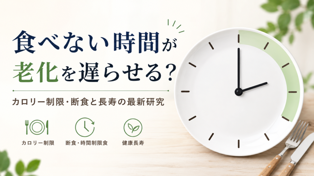 食べない時間と老化の関係を示すイメージ。カロリー制限や断食、時間制限食と長寿についての研究を表す時計と食器のイラスト。
