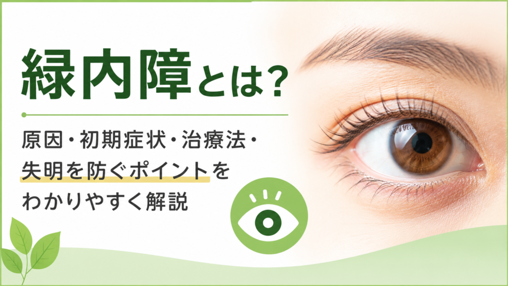 緑内障の原因・初期症状・治療法と、失明を防ぐためのポイントを解説する記事の画像。目のクローズアップ写真と緑を基調としたシンプルなデザイン。