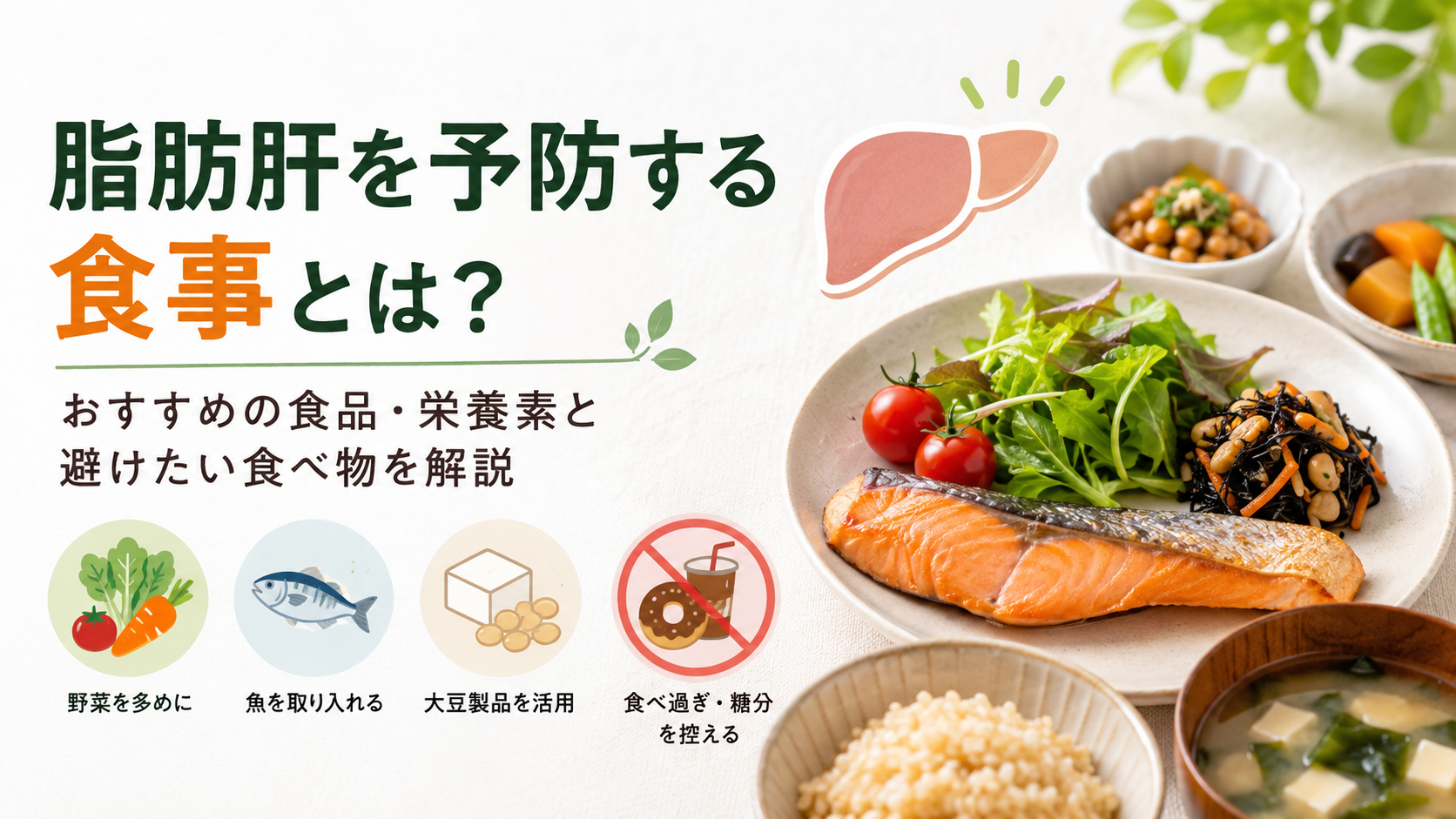 脂肪肝を予防する食事をテーマにした画像。野菜、魚、大豆製品などのおすすめ食品と、食べ過ぎや糖分を控えることを示すアイコンが並び、右側には鮭、野菜、海藻、大豆などを使った健康的な和食と肝臓のイラストが描かれている。