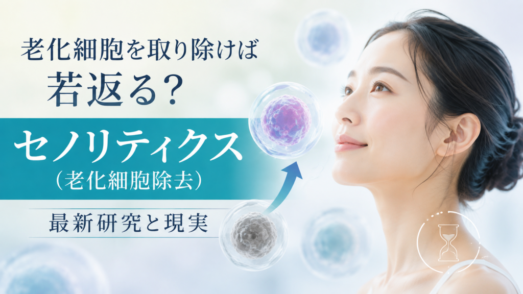 老化細胞と若返りをイメージした女性と細胞のイラスト。「セノリティクス（老化細胞除去）」と最新研究と現実の文字が入った画像。