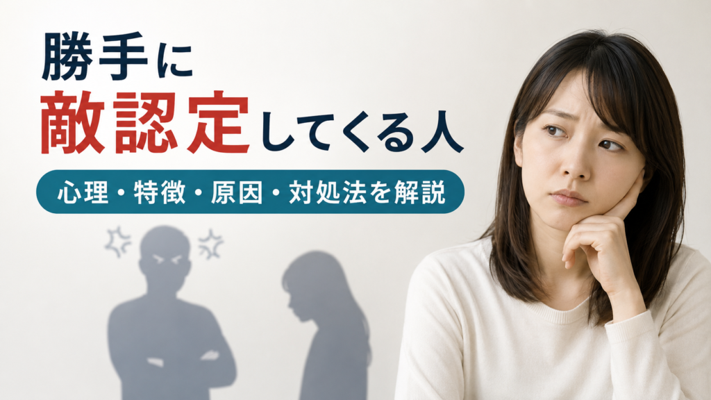 勝手に敵認定してくる人の心理や特徴、原因、対処法を解説する記事のアイキャッチ画像。考え込む女性と敵意を表すシルエットを背景に配置している。