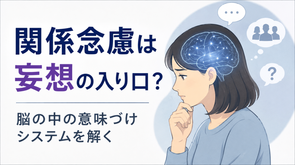 関係念慮と妄想の関係をテーマに、考え込む人物と脳のイラストを配置した画像。「関係念慮は妄想の入り口?」「脳の中の意味づけシステムを解く」の文字を入れ、関係念慮の仕組みを脳科学の視点から解説する記事を表現している。