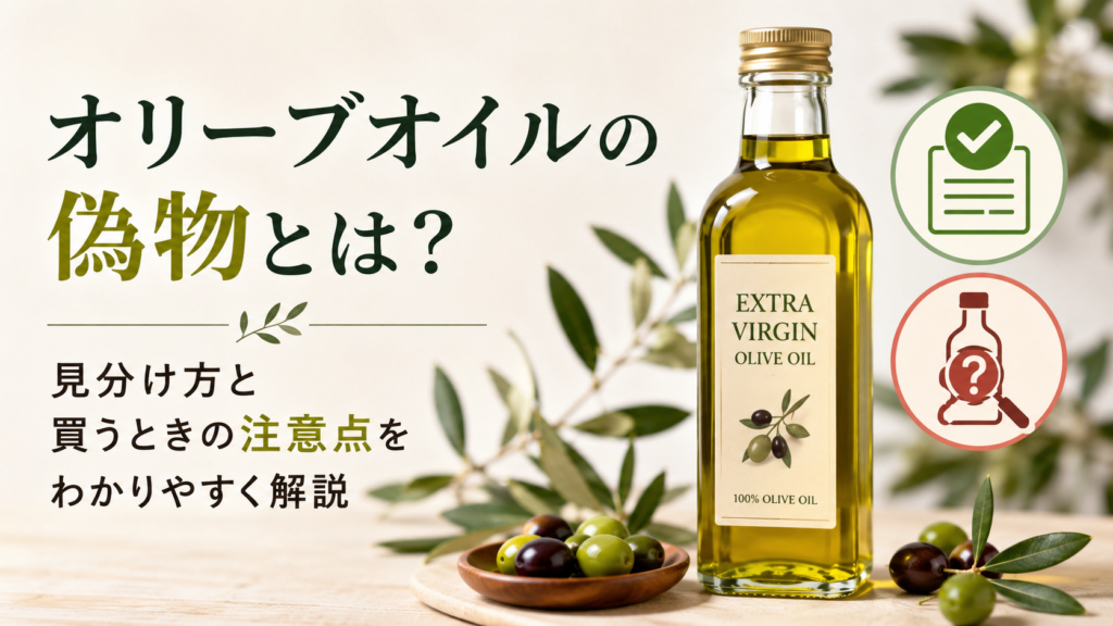 オリーブオイルの偽物の見分け方と購入時の注意点を解説する記事のアイキャッチ画像。オリーブオイルの瓶とオリーブの実が描かれている。