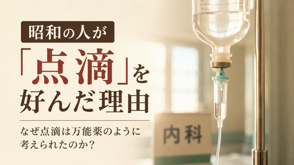 昭和の人が点滴を好んだ理由をテーマに、点滴バッグと「内科」の案内を描いた病院のイメージ画像。