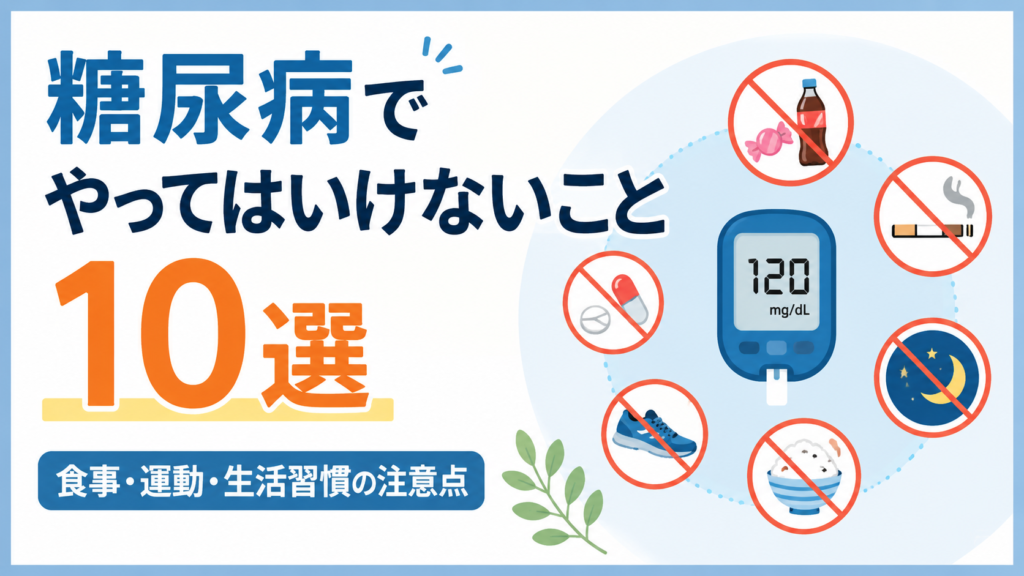 糖尿病でやってはいけないこと10選をテーマに、血糖測定器を中心に甘い飲み物、喫煙、薬の自己判断、夜更かし、運動不足、食べ過ぎなどの注意点を示したイラスト。食事・運動・生活習慣の注意点を表現。