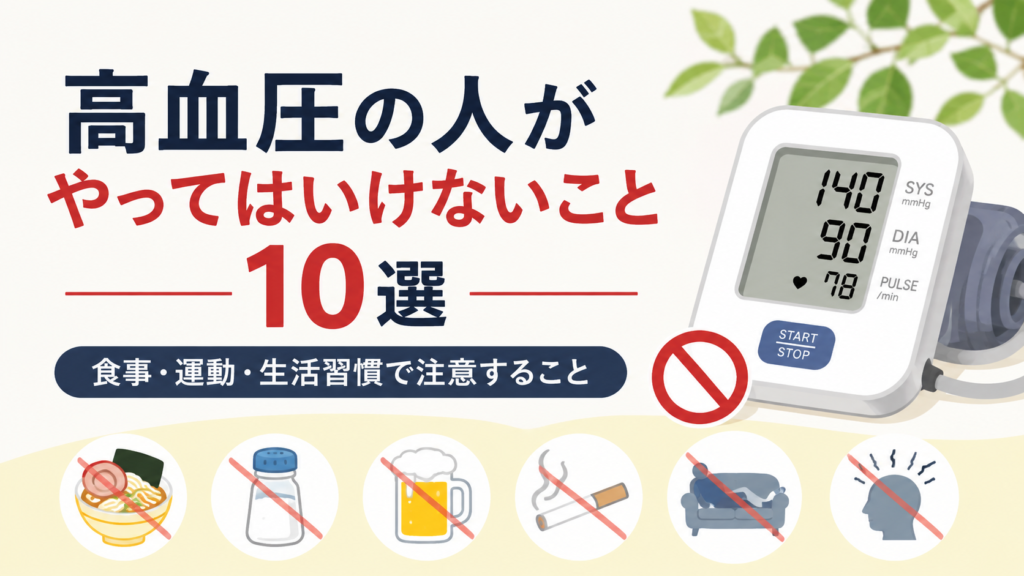 血圧計と高血圧の人がやってはいけない10選を開墾で表現した画像
