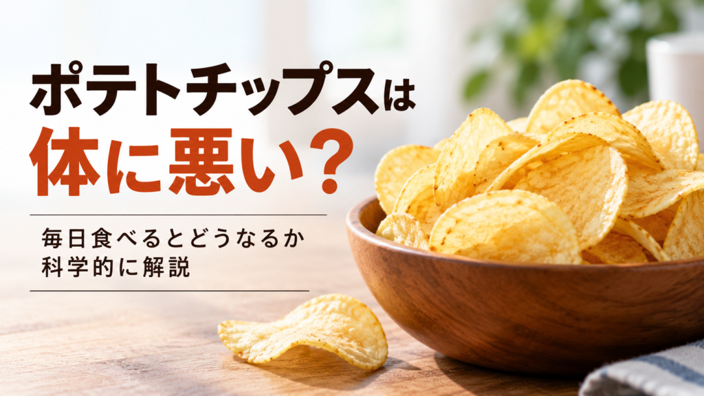 ポテトチップスが入った木製の器と「ポテトチップスは体に悪い?毎日食べるとどうなるか科学的に解説」という文字を配置した食品と健康をテーマにした画像