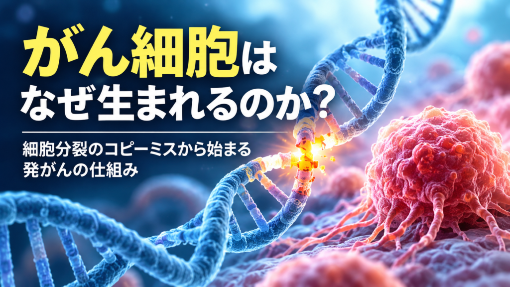DNAのコピーミスによる発がんの仕組みを表現した画像。青いDNA二重らせんの一部が光り、右側に赤いがん細胞が描かれている。「がん細胞はなぜ生まれるのか? 細胞分裂のコピーミスから始まる発がんの仕組み」という文字が入っている。