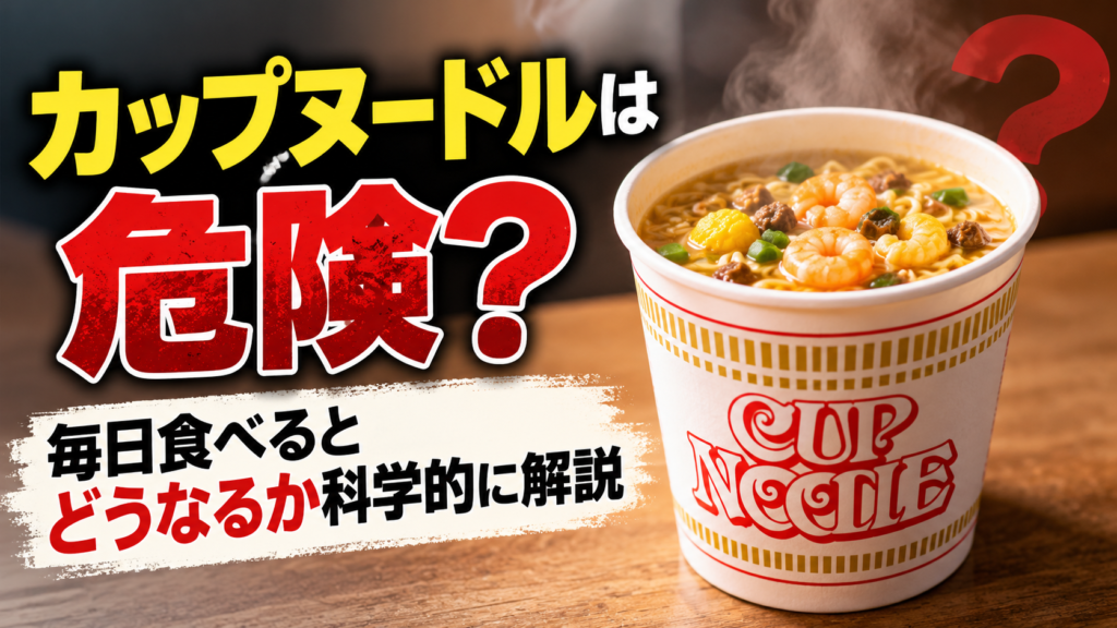「カップヌードルは危険？」と大きく表示され、湯気の立つカップヌードルと「毎日食べるとどうなるか科学的に解説」という文字が配置された健康解説記事の画像