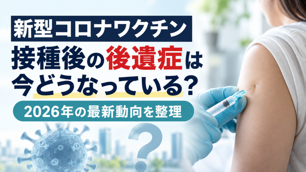 新型コロナワクチン接種後の後遺症について、2026年の最新動向を整理したイメージ画像。注射を受ける腕とワクチンを表すウイルスのイラストを配置。