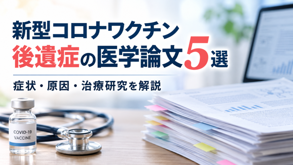新型コロナワクチン後遺症の医学論文5選をテーマに、症状・原因・治療研究を解説する文字と、ワクチンの瓶、聴診器、医学論文を配置した画像