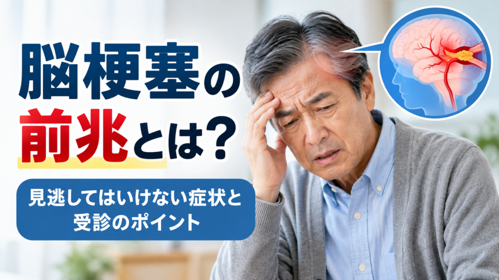 脳梗塞の前兆とは何かをテーマに、頭を押さえて不調を訴える高齢男性と脳の血管が詰まるイラストを配置し、見逃してはいけない症状と受診のポイントを伝える画像
