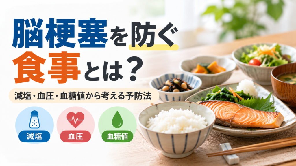 脳梗塞を防ぐ食事をテーマに、減塩・血圧・血糖値の3つのポイントと、焼き魚や野菜、ご飯など栄養バランスを意識した和食の食卓を描いた画像