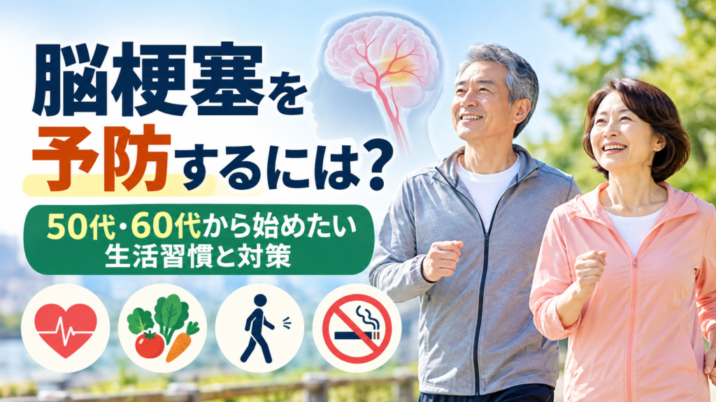 脳梗塞を予防する方法をテーマに、50代・60代の夫婦が散歩する姿と、脳のイラスト、食事・運動・禁煙・健康管理のアイコンを配置した画像。文字には「脳梗塞を予防するには? 50代・60代から始めたい生活習慣と対策」と記載