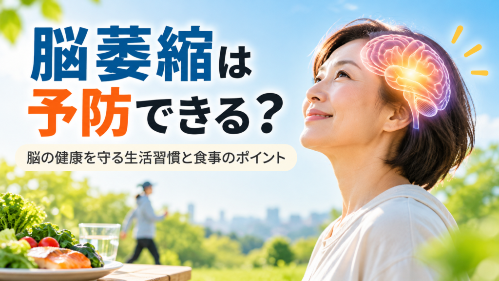 脳萎縮の予防をテーマに、脳のイラストが重なる女性の顔と、野菜や魚を使った健康的な食事、屋外でのウォーキングを描いた画像。「脳萎縮は予防できる? 脳の健康を守る生活習慣と食事のポイント」という文字入り