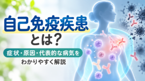 自己免疫疾患とは何かを示すイメージ画像。免疫細胞や抗体に囲まれた人体を描き、症状・原因・代表的な病気についてわかりやすく解説する内容を表現。