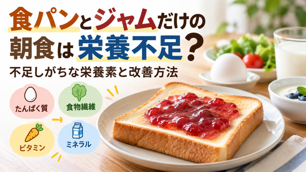 食パンとジャムだけの朝食は栄養不足?という見出しと、たんぱく質・食物繊維・ビタミン・ミネラルのイラストを配置。ジャムトーストに卵、サラダ、牛乳、ヨーグルトを組み合わせた朝食の写真