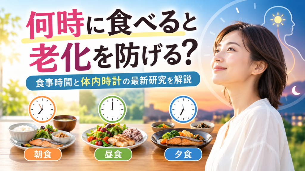 食事時間と体内時計の最新研究を解説する画像。「何時に食べると老化を防げる？」の文字とともに、朝食・昼食・夕食の料理、時計のイラスト、健康的な生活をイメージした女性を配置